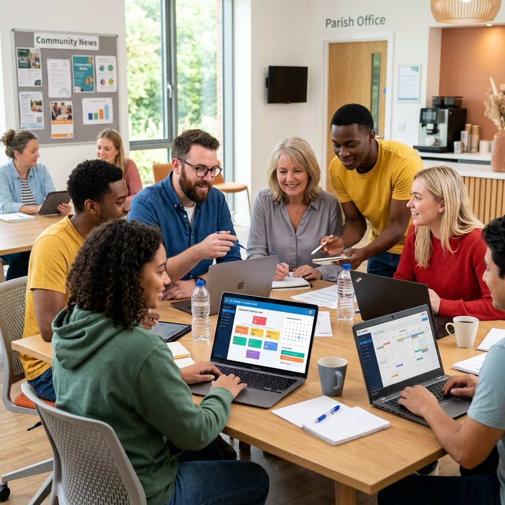 Equipe reunida em ambiente paroquial utilizando computadores